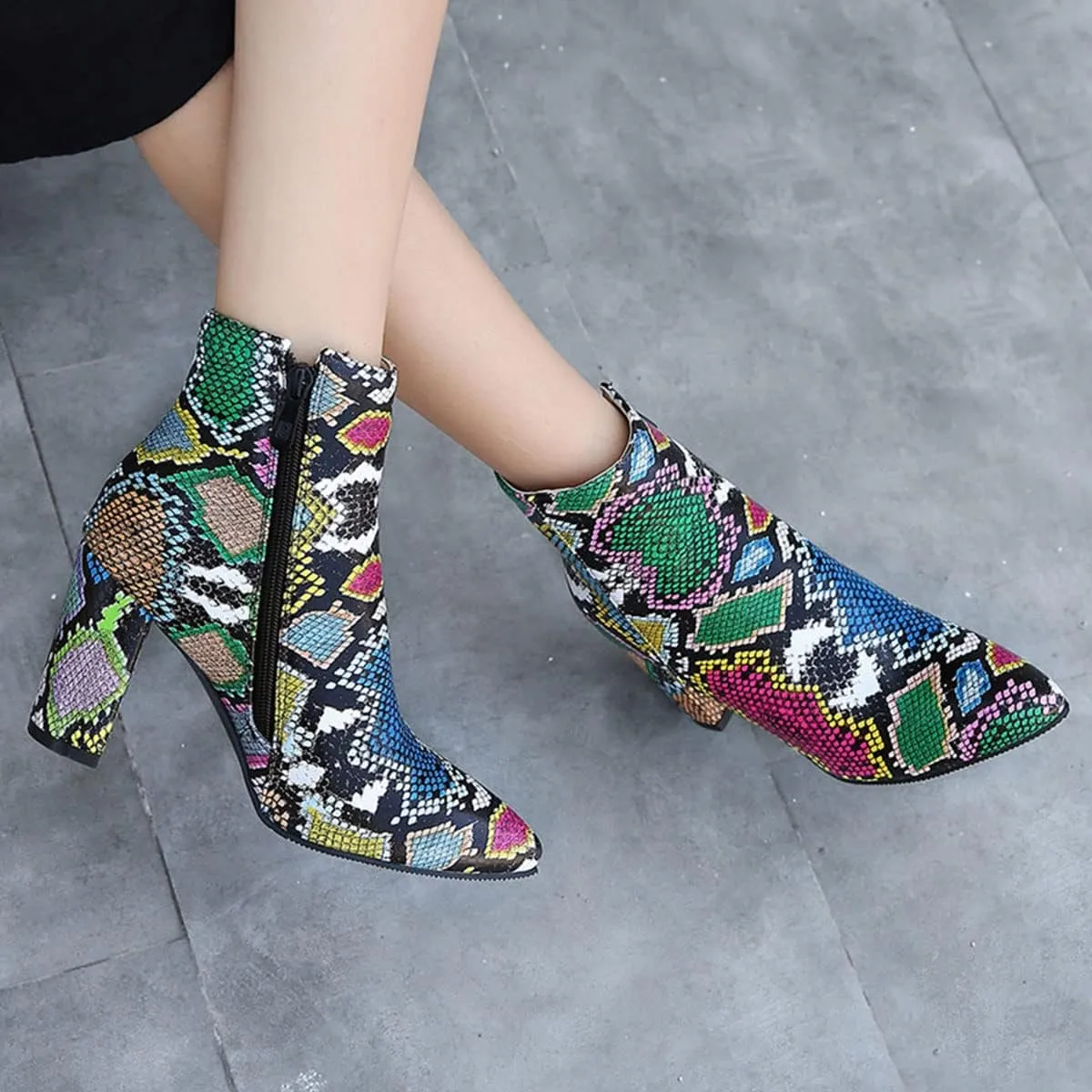 SHEMEE Women's Snakeskin Chunky High Heels Booties Pointed Toe Block Heel Snake Print Side Zipper Ankle Boots Fashion Dress Shoes