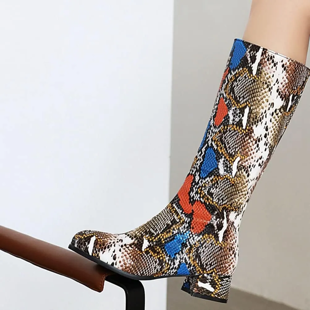 Snakeskin Knee High Low Heel Boots Women Colorful Snake Print Boots Round Toe Side Zipper Block Chunky Heel Boots
