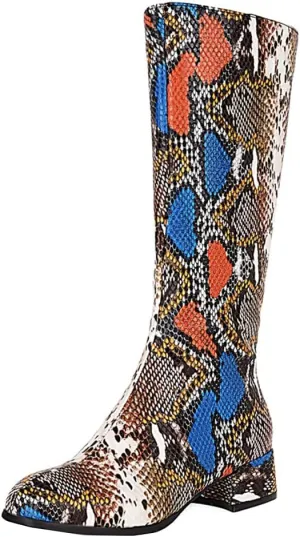 Snakeskin Knee High Low Heel Boots Women Colorful Snake Print Boots Round Toe Side Zipper Block Chunky Heel Boots