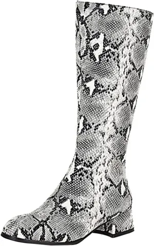 Snakeskin Knee High Low Heel Boots Women Colorful Snake Print Boots Round Toe Side Zipper Block Chunky Heel Boots