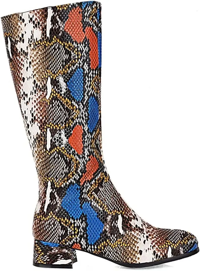 Snakeskin Knee High Low Heel Boots Women Colorful Snake Print Boots Round Toe Side Zipper Block Chunky Heel Boots