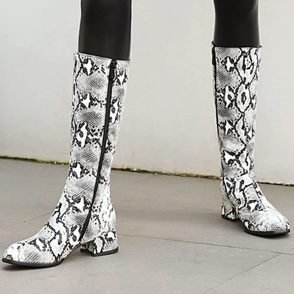 Snakeskin Knee High Low Heel Boots Women Colorful Snake Print Boots Round Toe Side Zipper Block Chunky Heel Boots