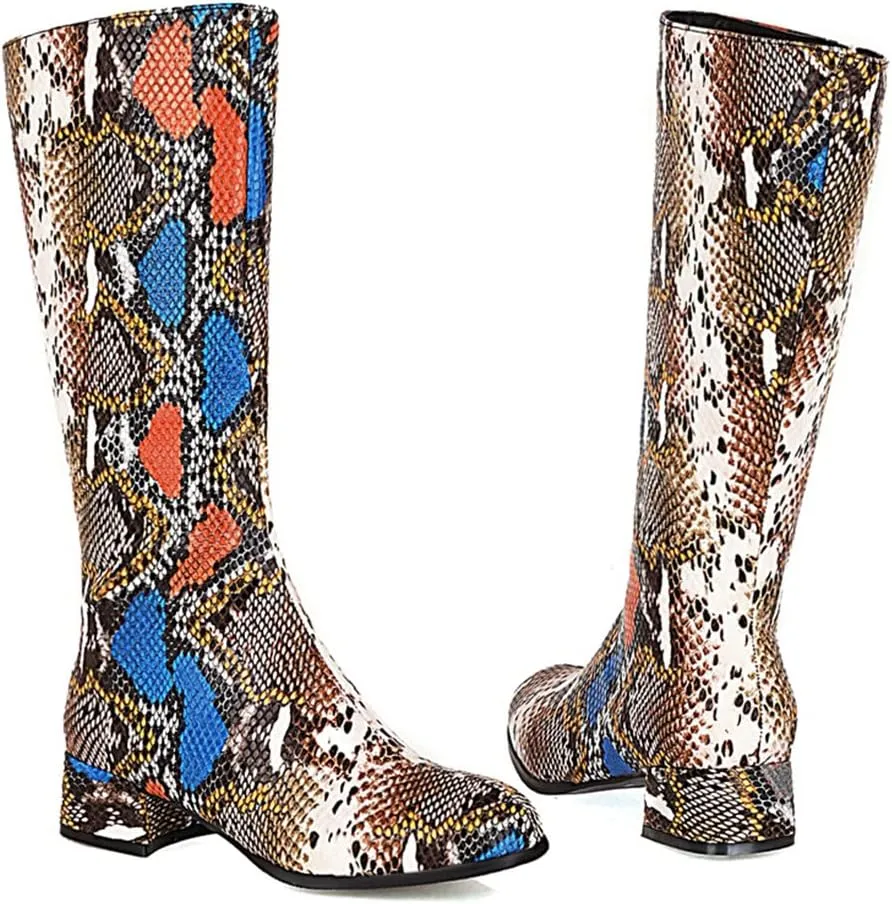Snakeskin Knee High Low Heel Boots Women Colorful Snake Print Boots Round Toe Side Zipper Block Chunky Heel Boots