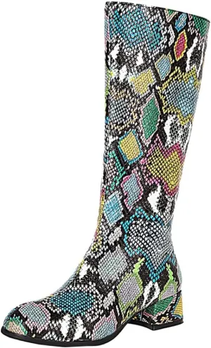 Snakeskin Knee High Low Heel Boots Women Colorful Snake Print Boots Round Toe Side Zipper Block Chunky Heel Boots