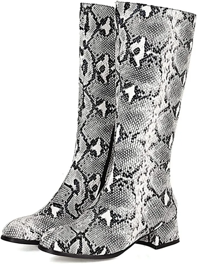 Snakeskin Knee High Low Heel Boots Women Colorful Snake Print Boots Round Toe Side Zipper Block Chunky Heel Boots