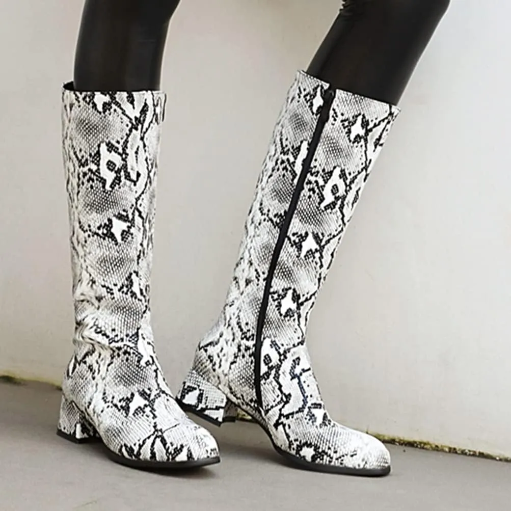 Snakeskin Knee High Low Heel Boots Women Colorful Snake Print Boots Round Toe Side Zipper Block Chunky Heel Boots