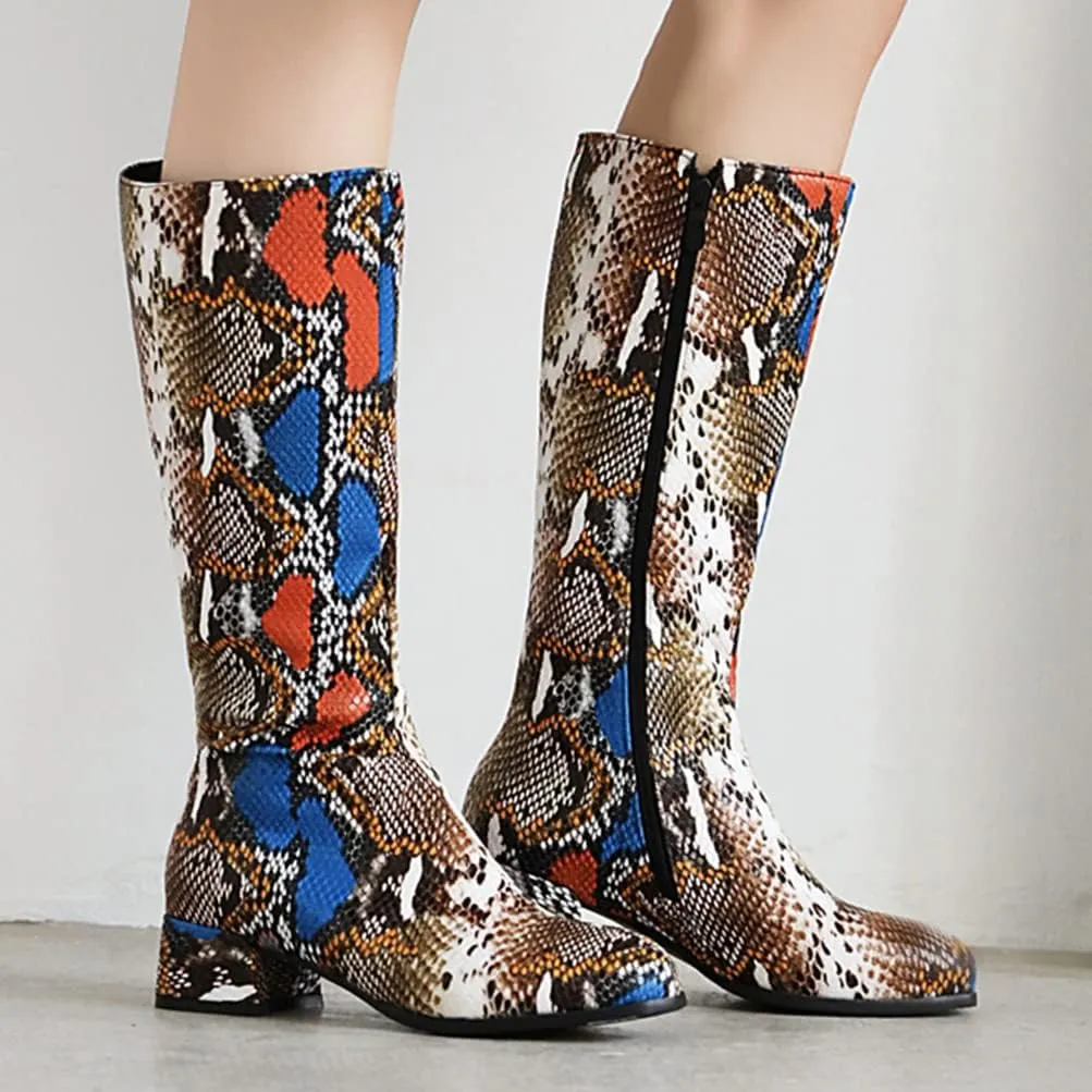 Snakeskin Knee High Low Heel Boots Women Colorful Snake Print Boots Round Toe Side Zipper Block Chunky Heel Boots