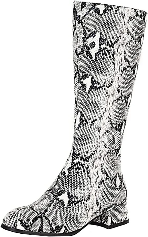 Snakeskin Knee High Low Heel Boots Women Colorful Snake Print Boots Round Toe Side Zipper Block Chunky Heel Boots
