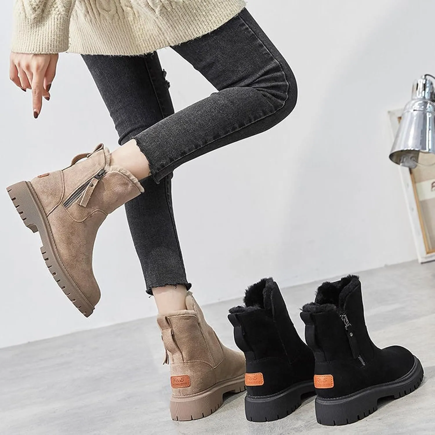Snow Boots for Women Thickened Fur Cotton Booties Thick Sole Zipper Ankle Boots Fashion Plush Indoor Outdoor Shoes