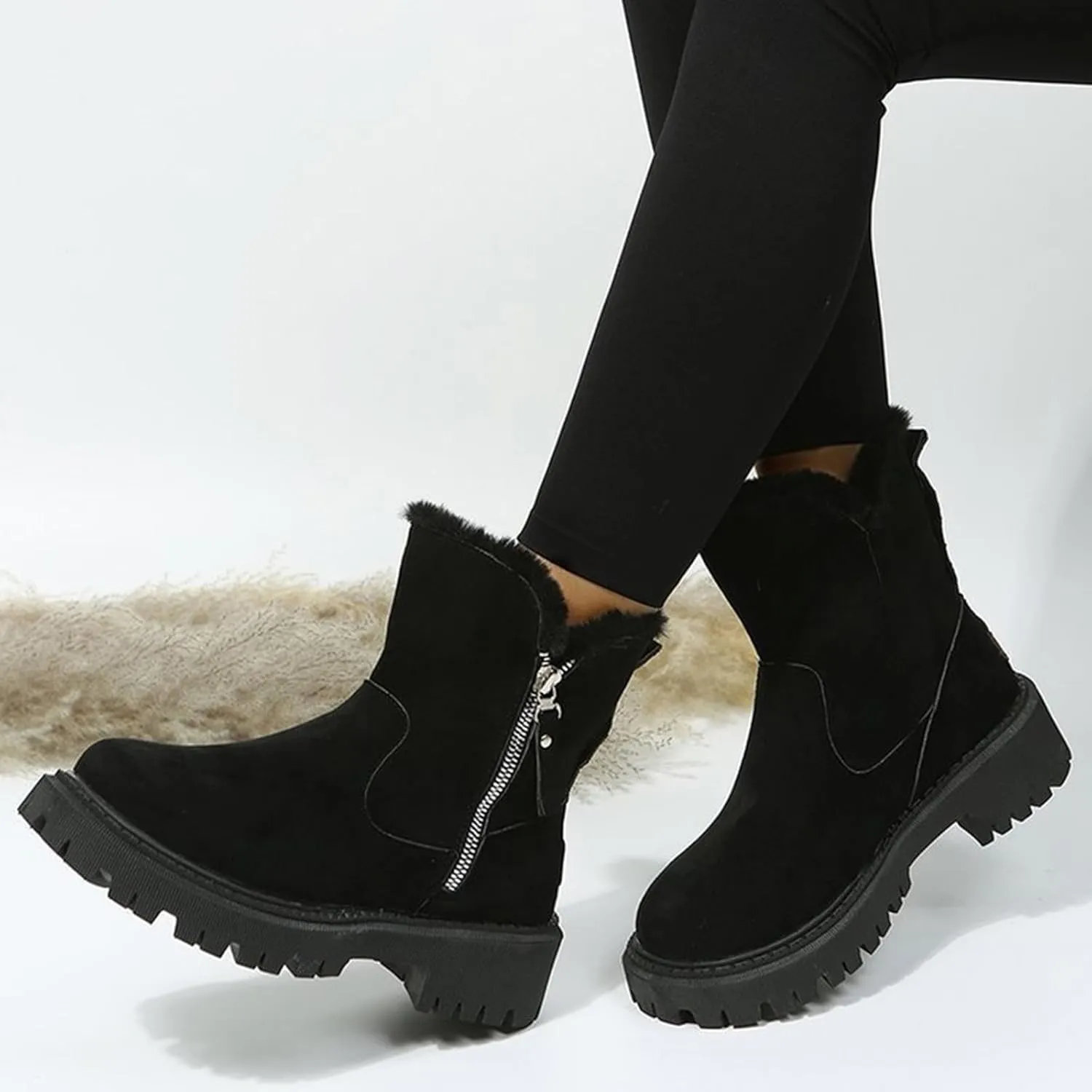 Snow Boots for Women Thickened Fur Cotton Booties Thick Sole Zipper Ankle Boots Fashion Plush Indoor Outdoor Shoes