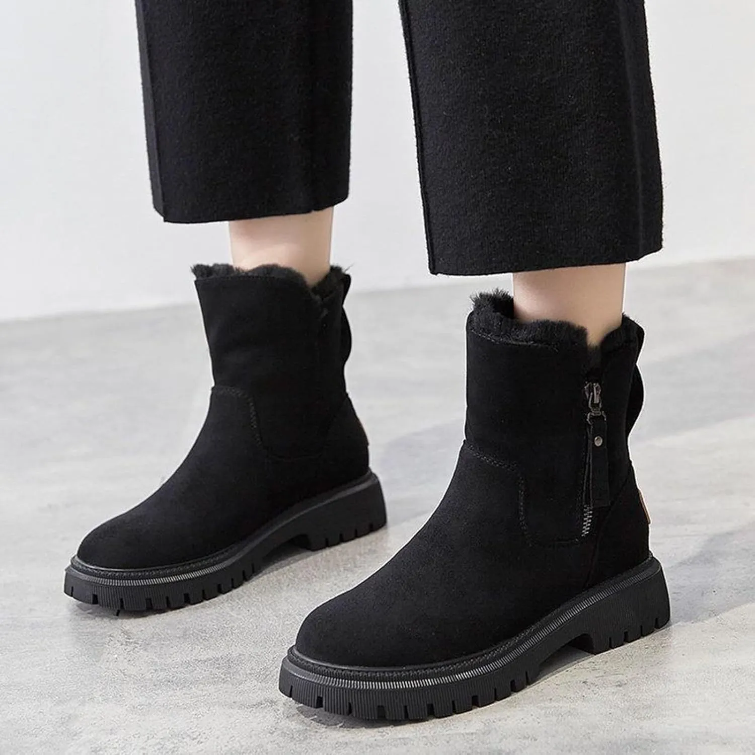Snow Boots for Women Thickened Fur Cotton Booties Thick Sole Zipper Ankle Boots Fashion Plush Indoor Outdoor Shoes