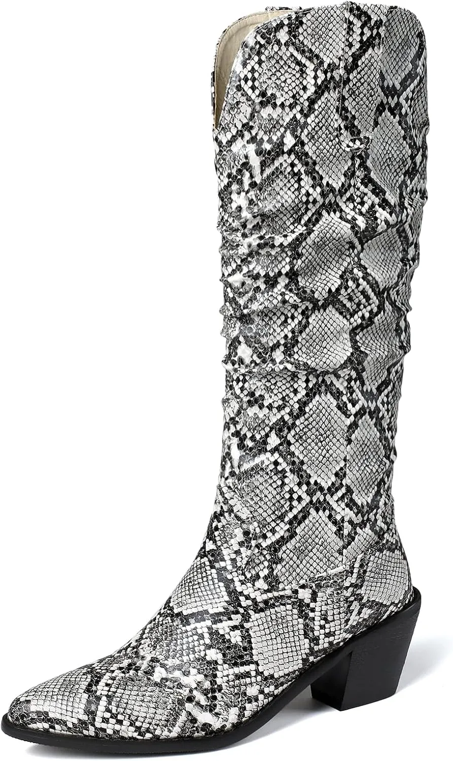 SoundSky Colorful Snakeskin Cowgirl Boots Pointed Toe Snake Print Western Knee High Boots Chunky Block Heels Pull On Boots for Women