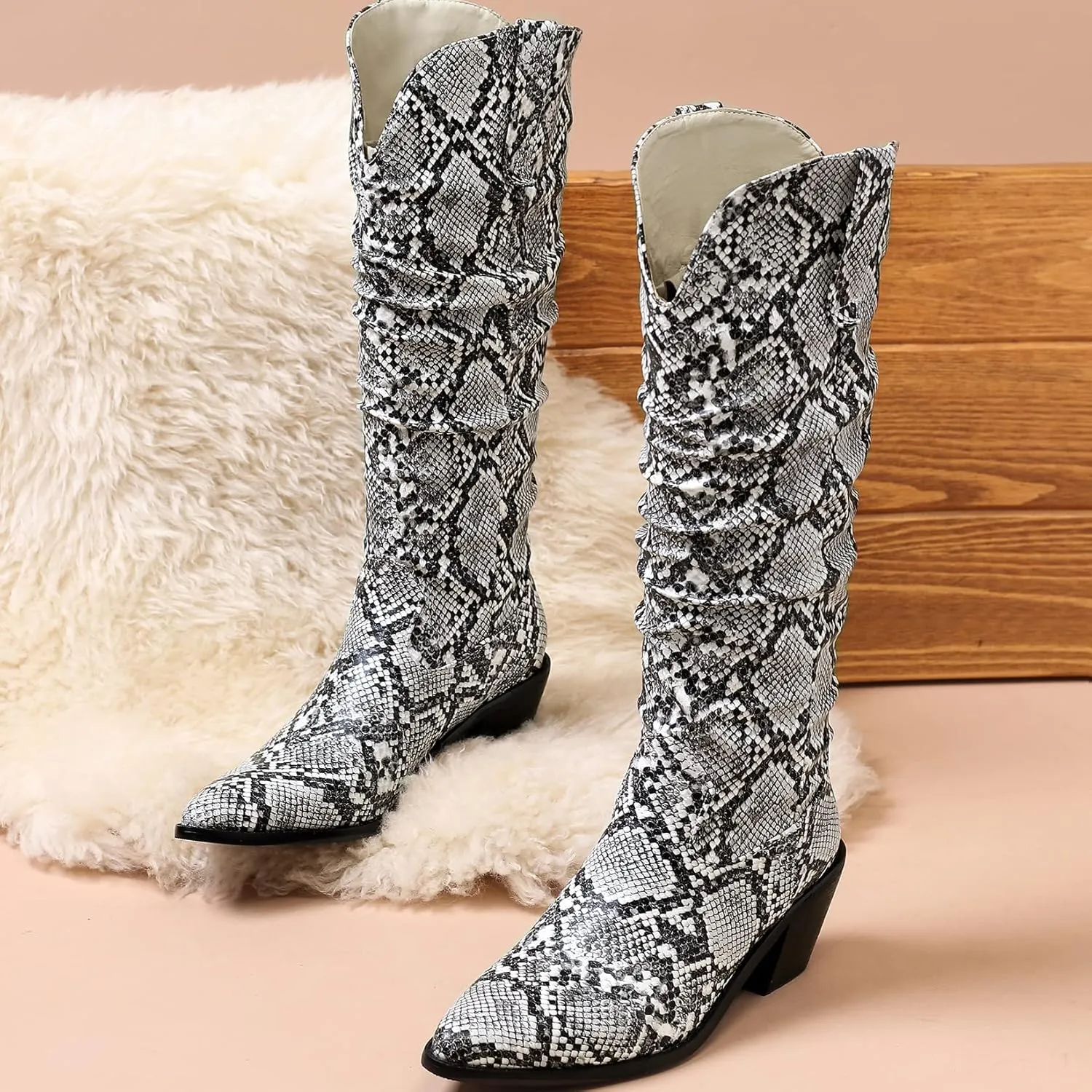 SoundSky Colorful Snakeskin Cowgirl Boots Pointed Toe Snake Print Western Knee High Boots Chunky Block Heels Pull On Boots for Women