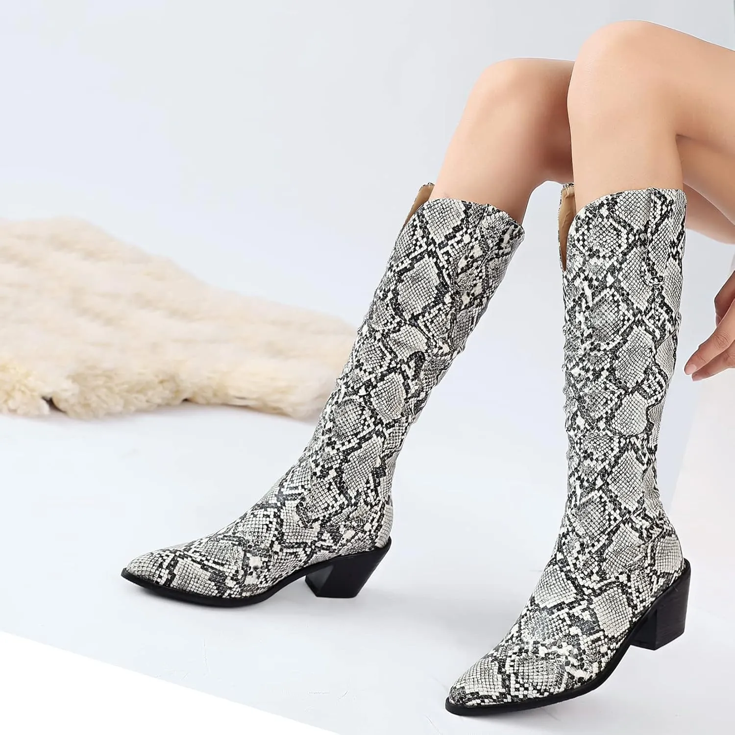 SoundSky Colorful Snakeskin Cowgirl Boots Pointed Toe Snake Print Western Knee High Boots Chunky Block Heels Pull On Boots for Women