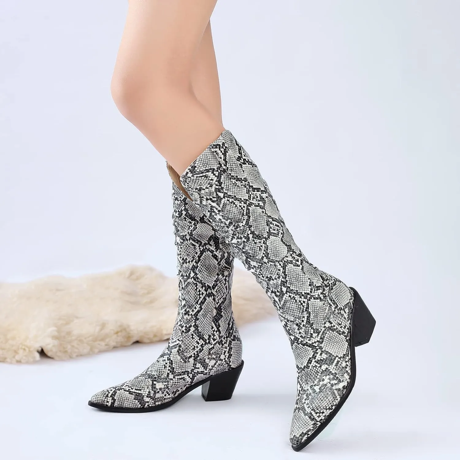 SoundSky Colorful Snakeskin Cowgirl Boots Pointed Toe Snake Print Western Knee High Boots Chunky Block Heels Pull On Boots for Women