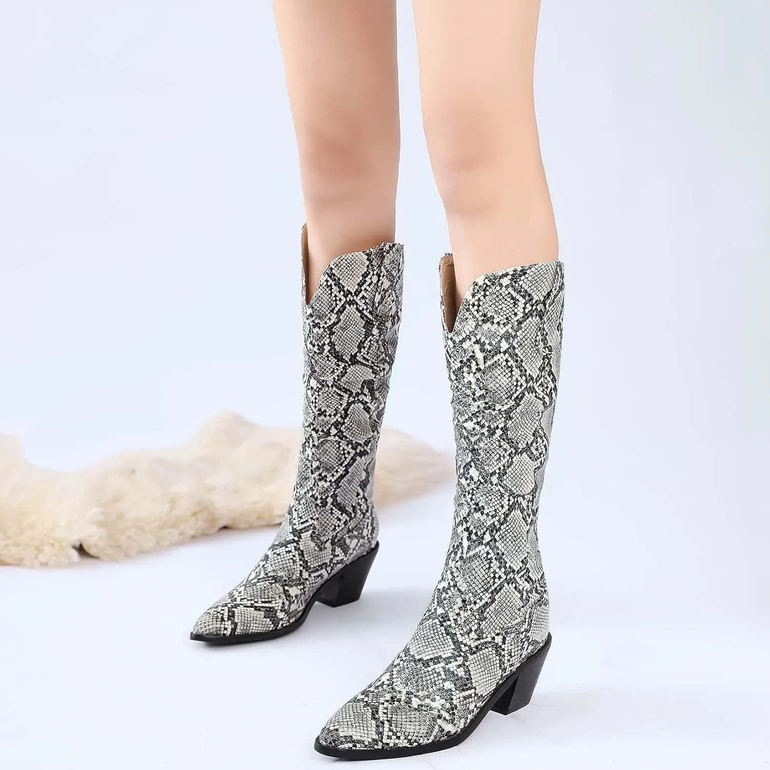 SoundSky Colorful Snakeskin Cowgirl Boots Pointed Toe Snake Print Western Knee High Boots Chunky Block Heels Pull On Boots for Women