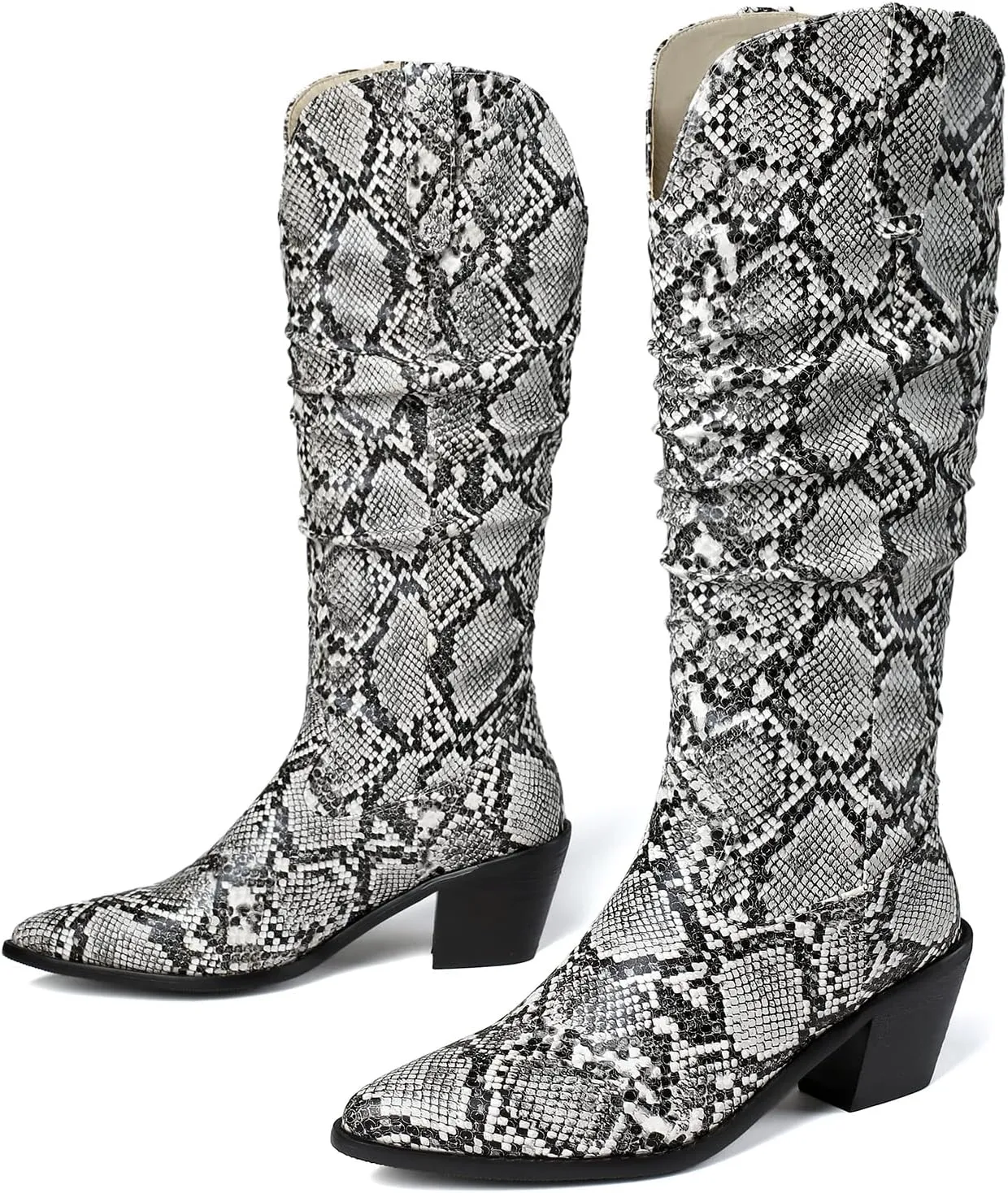 SoundSky Colorful Snakeskin Cowgirl Boots Pointed Toe Snake Print Western Knee High Boots Chunky Block Heels Pull On Boots for Women