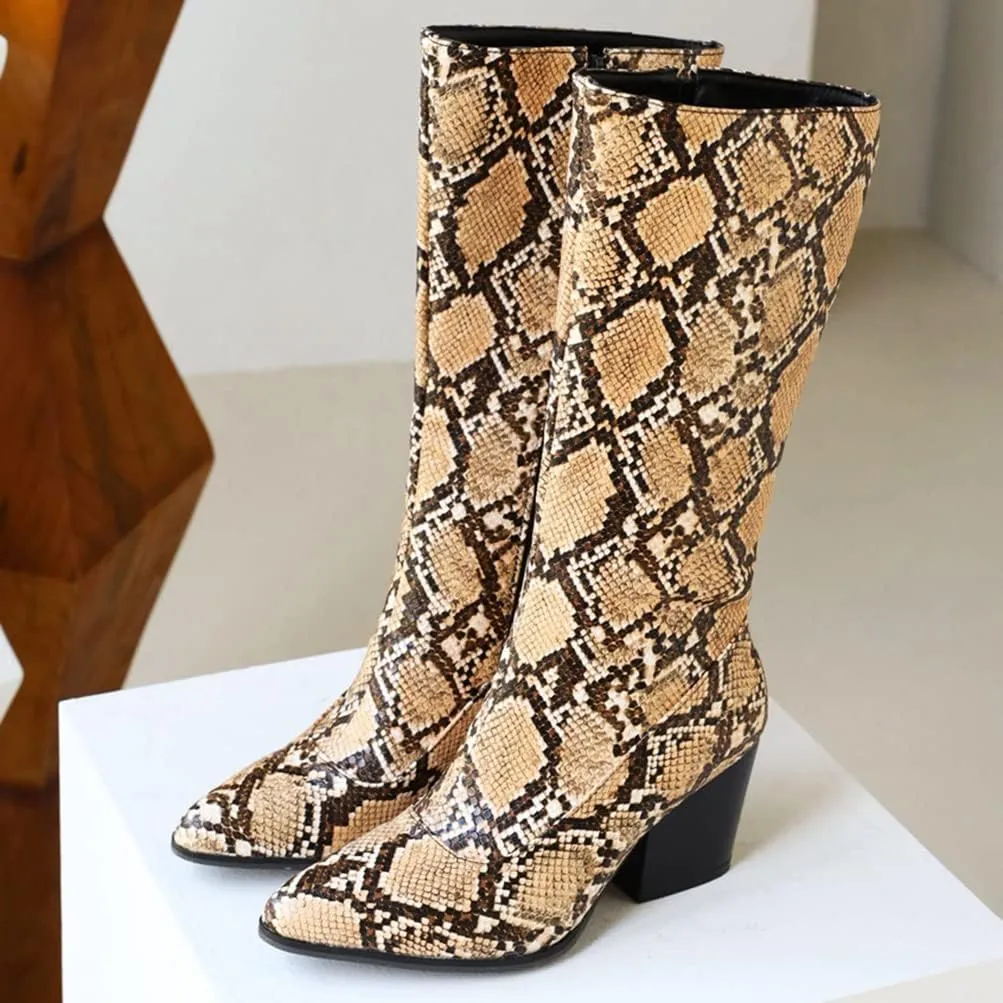 SoundSky Women Colorful Snake Print Boots Block Heel Knee High Boots Chunky Heel Side Zipper Snakeskin Pointed Toe Shoes