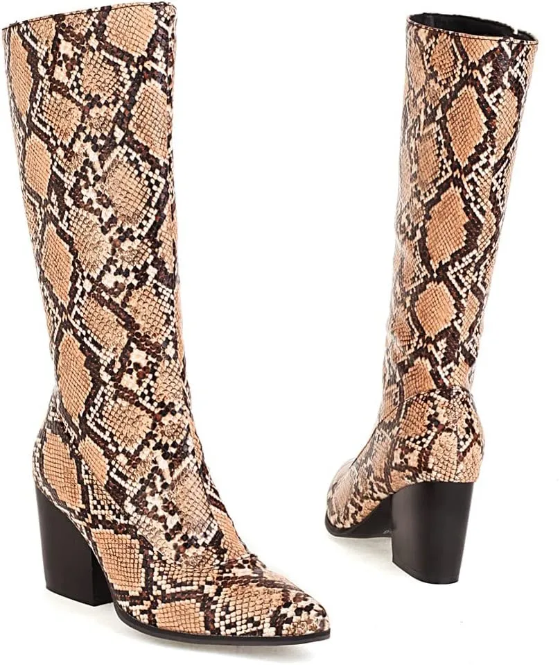 SoundSky Women Colorful Snake Print Boots Block Heel Knee High Boots Chunky Heel Side Zipper Snakeskin Pointed Toe Shoes