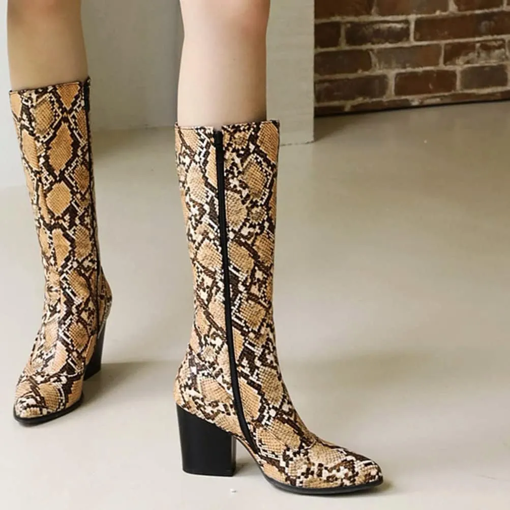 SoundSky Women Colorful Snake Print Boots Block Heel Knee High Boots Chunky Heel Side Zipper Snakeskin Pointed Toe Shoes
