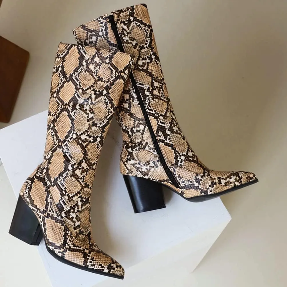 SoundSky Women Colorful Snake Print Boots Block Heel Knee High Boots Chunky Heel Side Zipper Snakeskin Pointed Toe Shoes