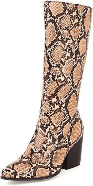 SoundSky Women Colorful Snake Print Boots Block Heel Knee High Boots Chunky Heel Side Zipper Snakeskin Pointed Toe Shoes