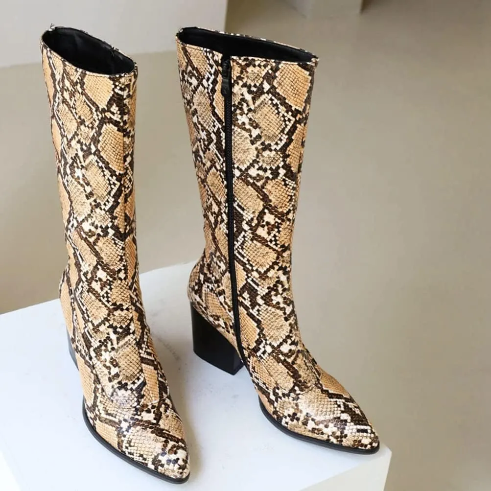 SoundSky Women Colorful Snake Print Boots Block Heel Knee High Boots Chunky Heel Side Zipper Snakeskin Pointed Toe Shoes