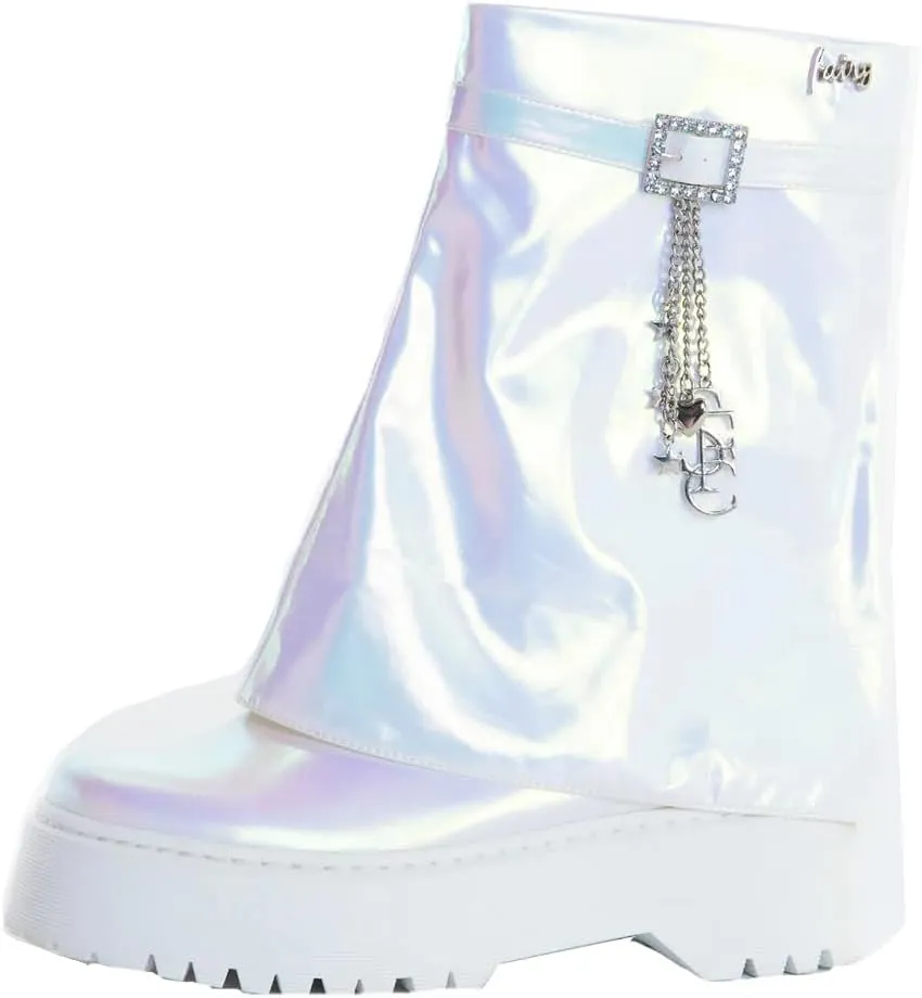 Sparkl Fairy Couture Women's Chunky Heel Thick Sole No Lace Zip-Up Stella Combat Boots Glitter White