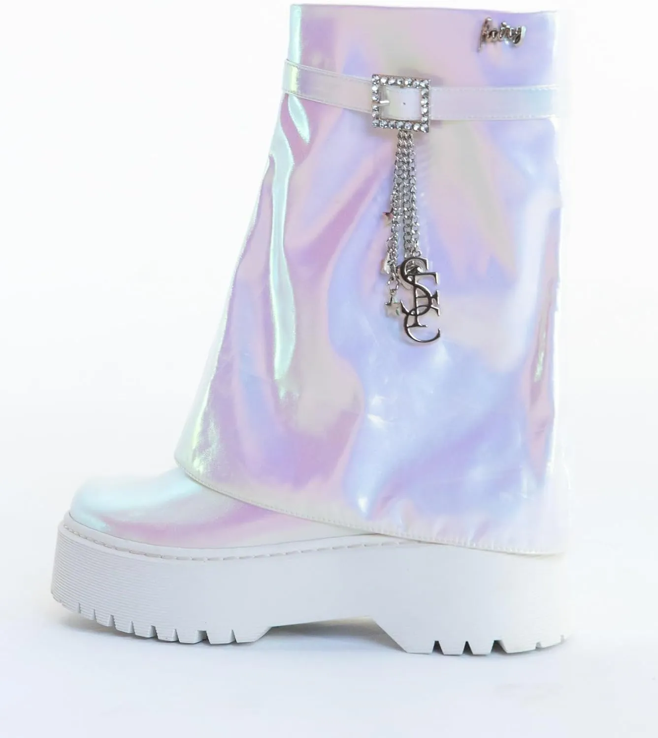 Sparkl Fairy Couture Women's Chunky Heel Thick Sole No Lace Zip-Up Stella Combat Boots Glitter White
