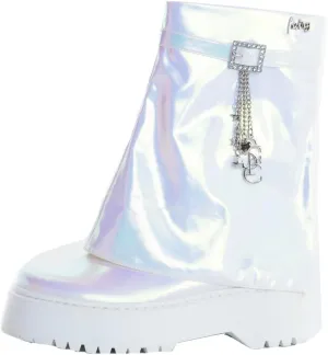 Sparkl Fairy Couture Women's Chunky Heel Thick Sole No Lace Zip-Up Stella Combat Boots Glitter White