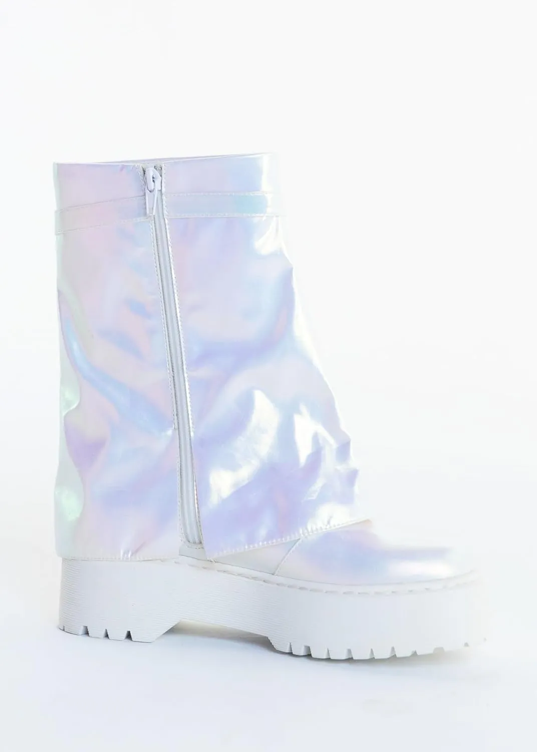Sparkl Fairy Couture Women's Chunky Heel Thick Sole No Lace Zip-Up Stella Combat Boots Glitter White