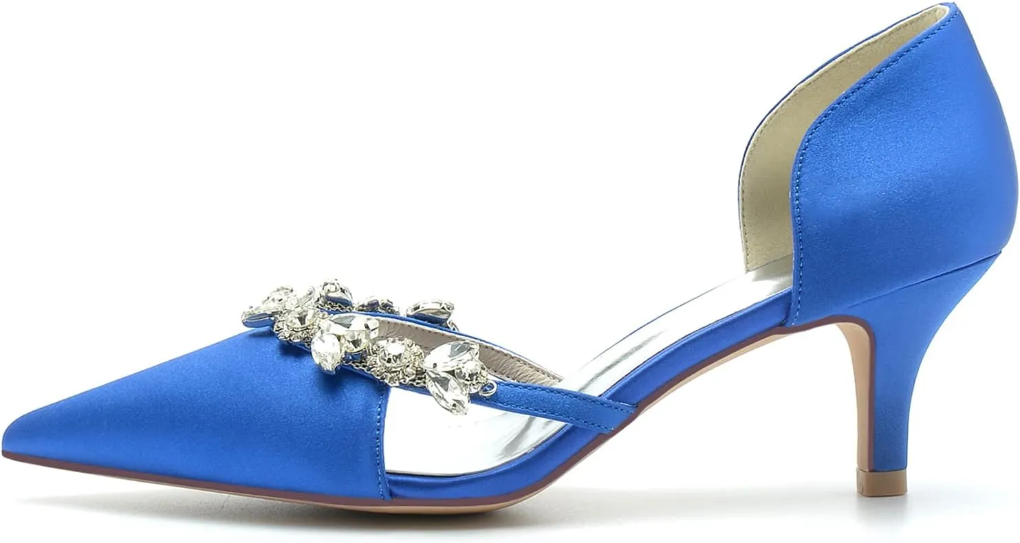 TNXZ 2.36'' Kitten Heeled Sandals Closed Pointed Toe Satin Wedding Shoes Slip on Pumps Comfortable Shoes Evening Party Dress Heeled Shoes