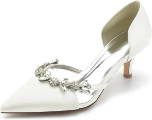 TNXZ 2.36'' Kitten Heeled Sandals Closed Pointed Toe Satin Wedding Shoes Slip on Pumps Comfortable Shoes Evening Party Dress Heeled Shoes