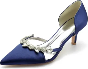 TNXZ 2.36'' Kitten Heeled Sandals Closed Pointed Toe Satin Wedding Shoes Slip on Pumps Comfortable Shoes Evening Party Dress Heeled Shoes