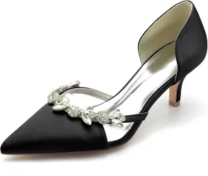 TNXZ 2.36'' Kitten Heeled Sandals Closed Pointed Toe Satin Wedding Shoes Slip on Pumps Comfortable Shoes Evening Party Dress Heeled Shoes