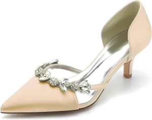 TNXZ 2.36'' Kitten Heeled Sandals Closed Pointed Toe Satin Wedding Shoes Slip on Pumps Comfortable Shoes Evening Party Dress Heeled Shoes
