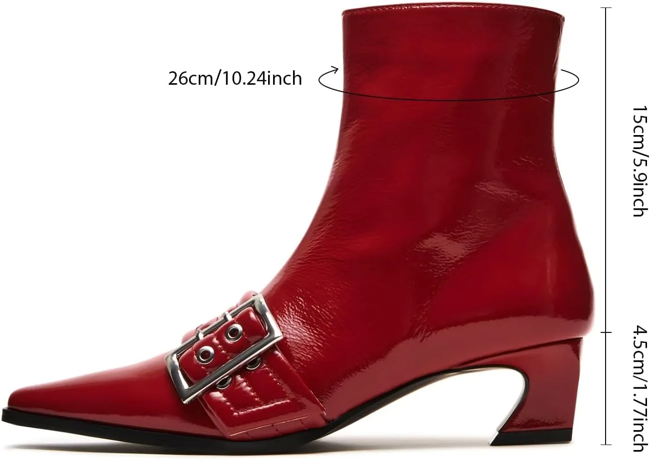 Vaslemuse Women Booties Buckle Ankle Boots Kitten Low Heel Eyelet Booties Sexy Pointy Toe Fashion Dress Short Boots with Zips