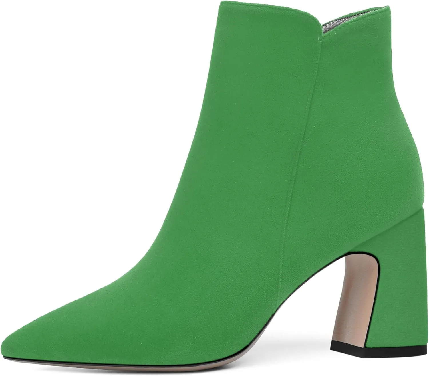 WAYDERNS Womens Suede Solid Zip Pointed Toe All Weather Dating Chunky High Heel Ankle High Boots 3.3 Inch
