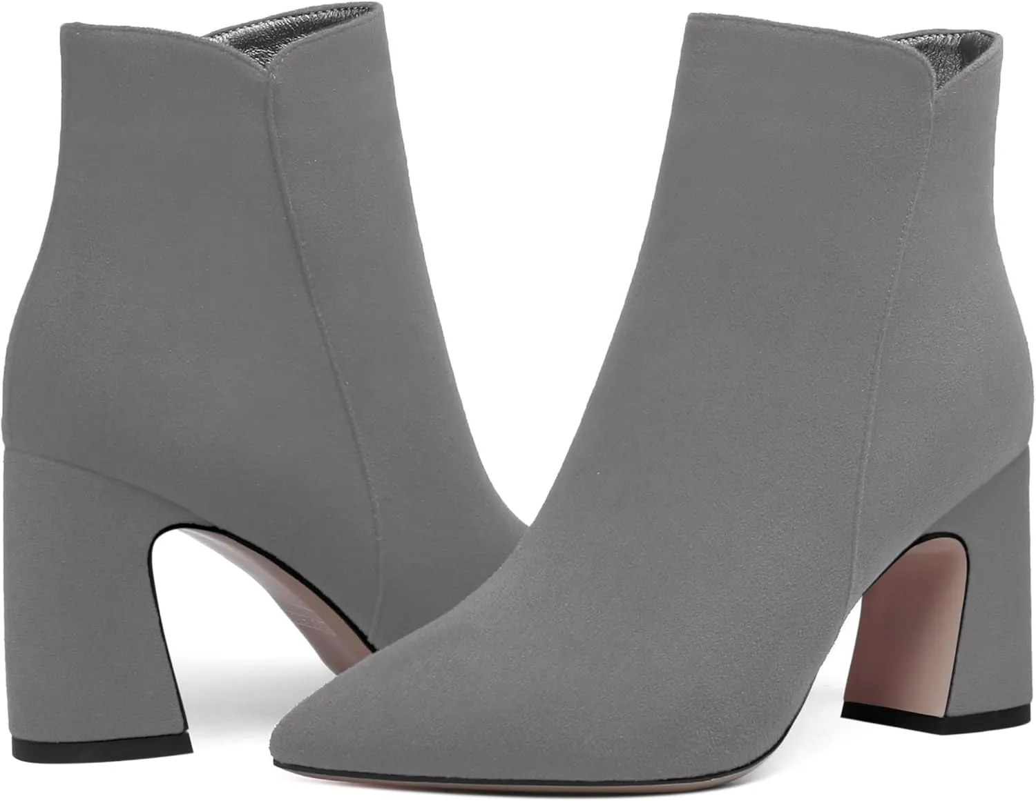WAYDERNS Womens Suede Solid Zip Pointed Toe All Weather Dating Chunky High Heel Ankle High Boots 3.3 Inch