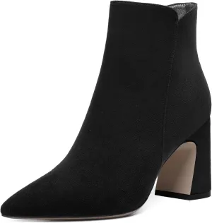 WAYDERNS Womens Suede Solid Zip Pointed Toe All Weather Dating Chunky High Heel Ankle High Boots 3.3 Inch