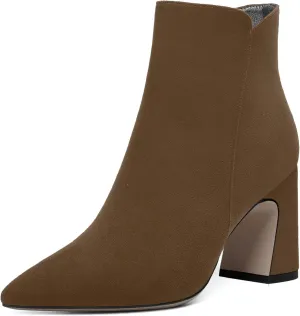WAYDERNS Womens Suede Solid Zip Pointed Toe All Weather Dating Chunky High Heel Ankle High Boots 3.3 Inch