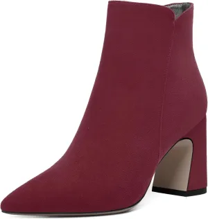WAYDERNS Womens Suede Solid Zip Pointed Toe All Weather Dating Chunky High Heel Ankle High Boots 3.3 Inch