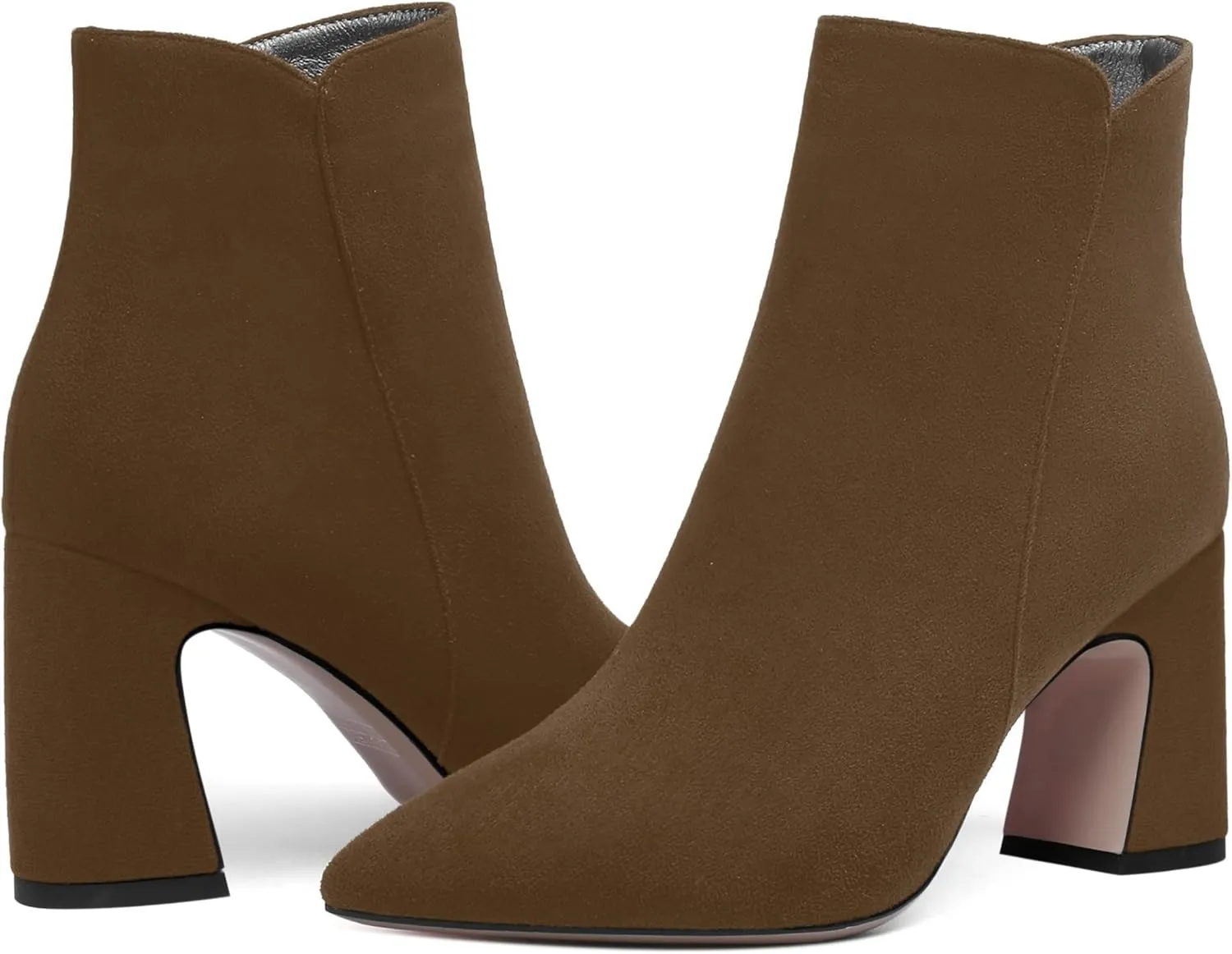 WAYDERNS Womens Suede Solid Zip Pointed Toe All Weather Dating Chunky High Heel Ankle High Boots 3.3 Inch
