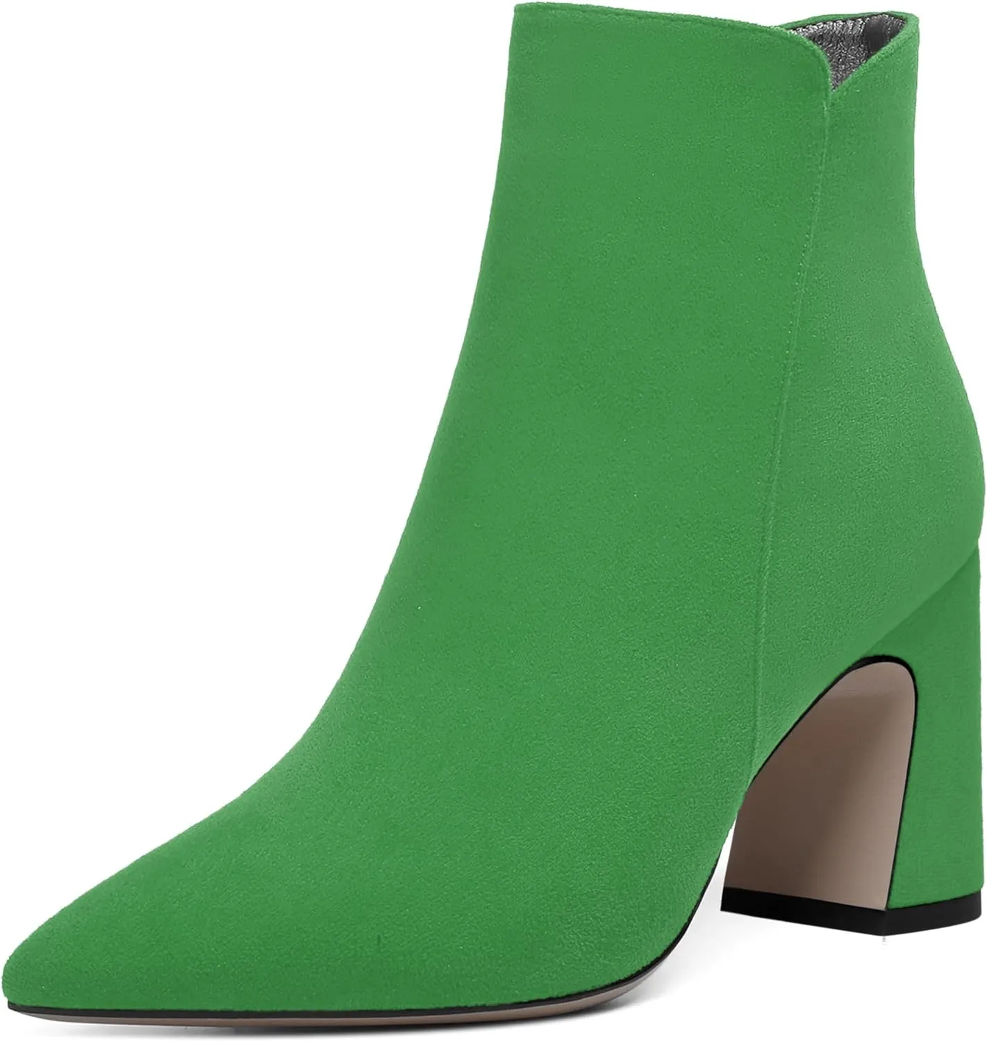 WAYDERNS Womens Suede Solid Zip Pointed Toe All Weather Dating Chunky High Heel Ankle High Boots 3.3 Inch