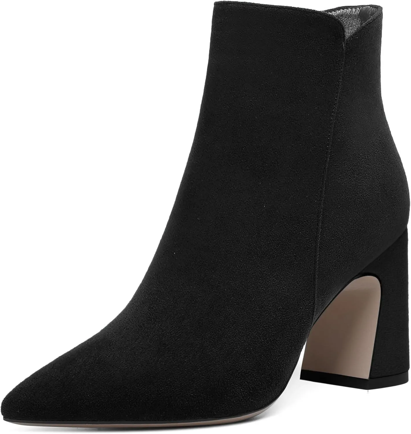 WAYDERNS Womens Suede Solid Zip Pointed Toe All Weather Dating Chunky High Heel Ankle High Boots 3.3 Inch