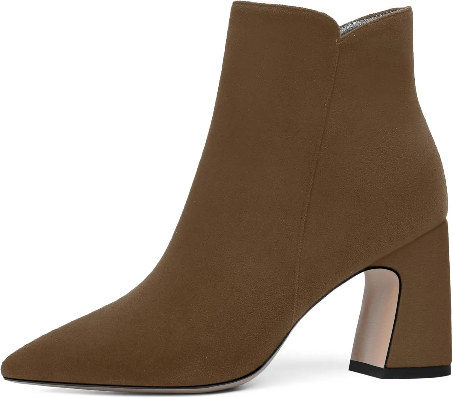 WAYDERNS Womens Suede Solid Zip Pointed Toe All Weather Dating Chunky High Heel Ankle High Boots 3.3 Inch