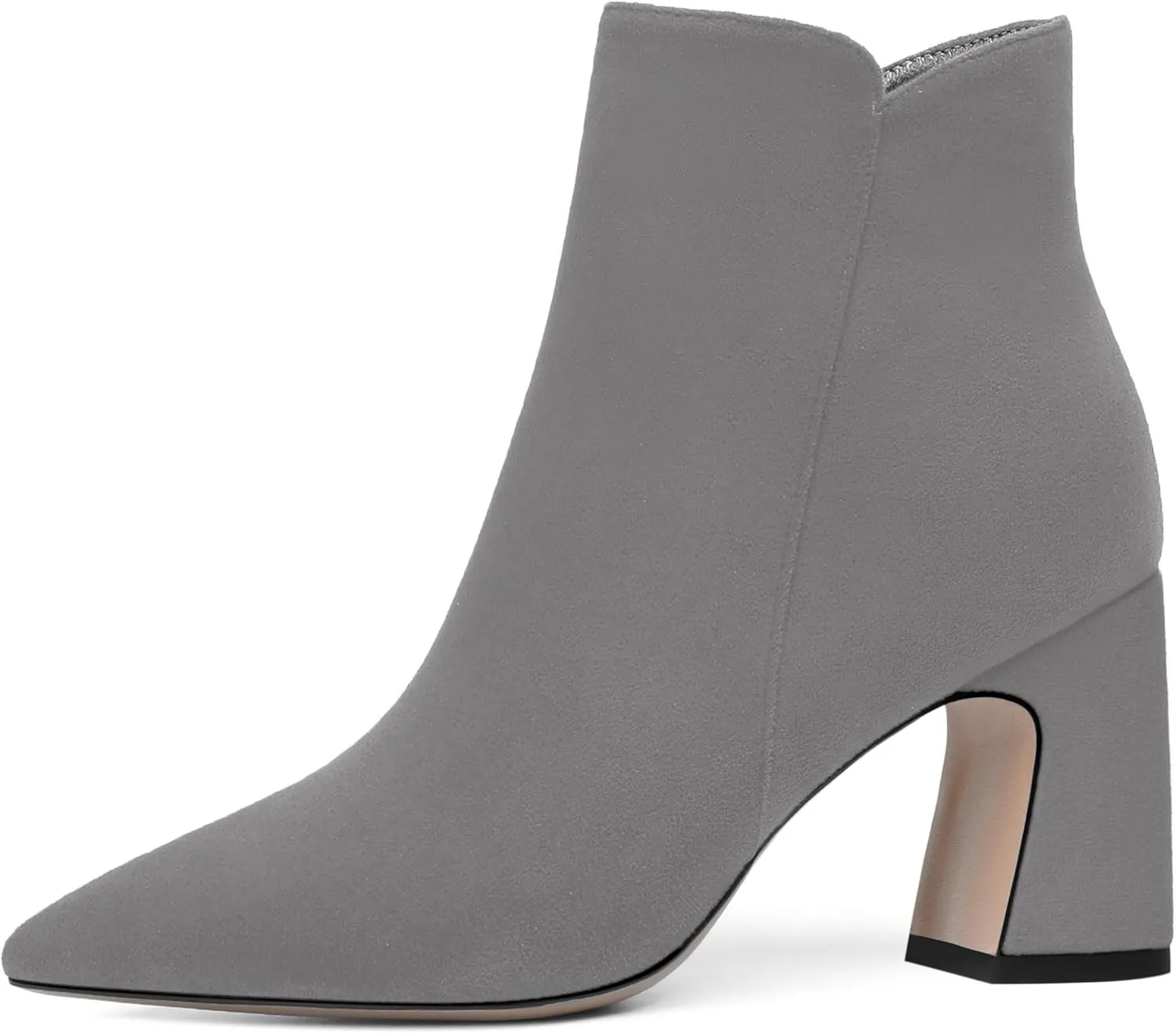 WAYDERNS Womens Suede Solid Zip Pointed Toe All Weather Dating Chunky High Heel Ankle High Boots 3.3 Inch