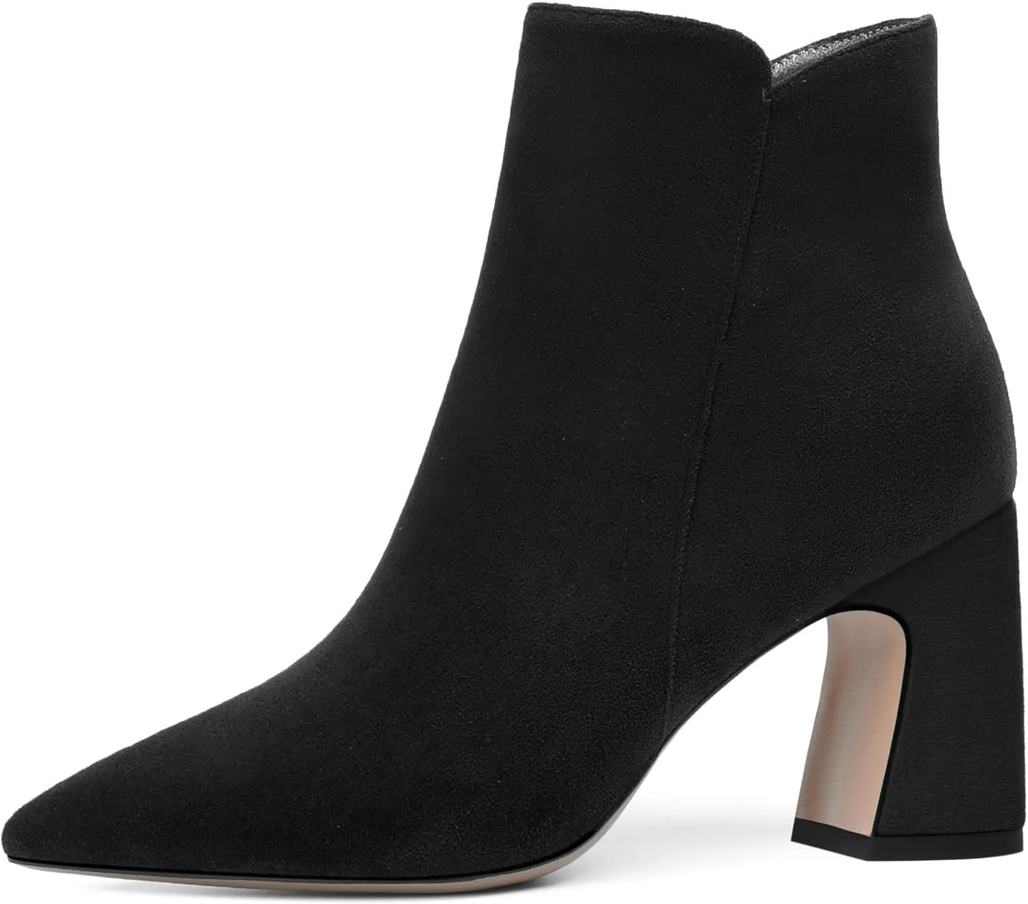 WAYDERNS Womens Suede Solid Zip Pointed Toe All Weather Dating Chunky High Heel Ankle High Boots 3.3 Inch