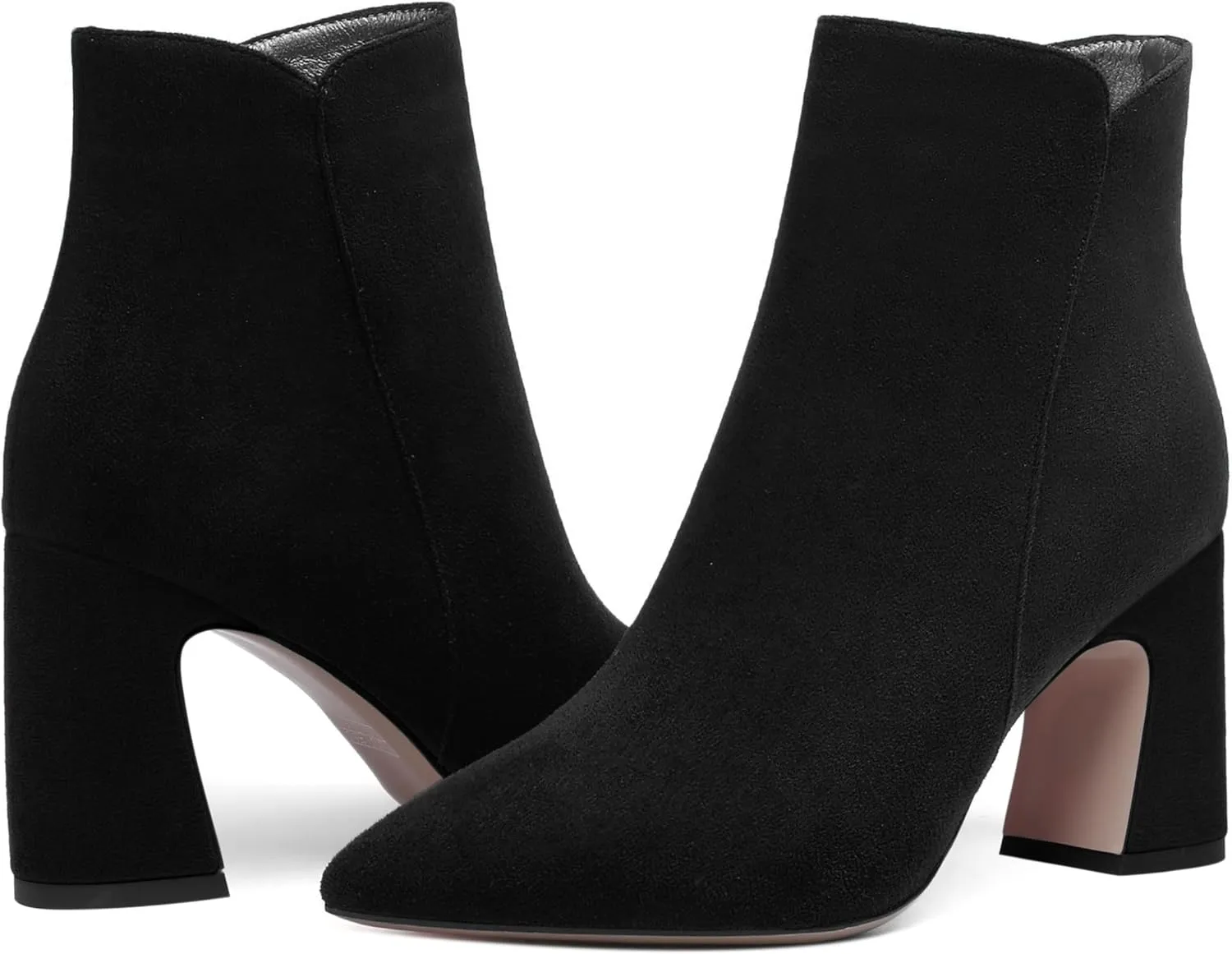 WAYDERNS Womens Suede Solid Zip Pointed Toe All Weather Dating Chunky High Heel Ankle High Boots 3.3 Inch