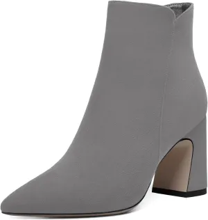 WAYDERNS Womens Suede Solid Zip Pointed Toe All Weather Dating Chunky High Heel Ankle High Boots 3.3 Inch